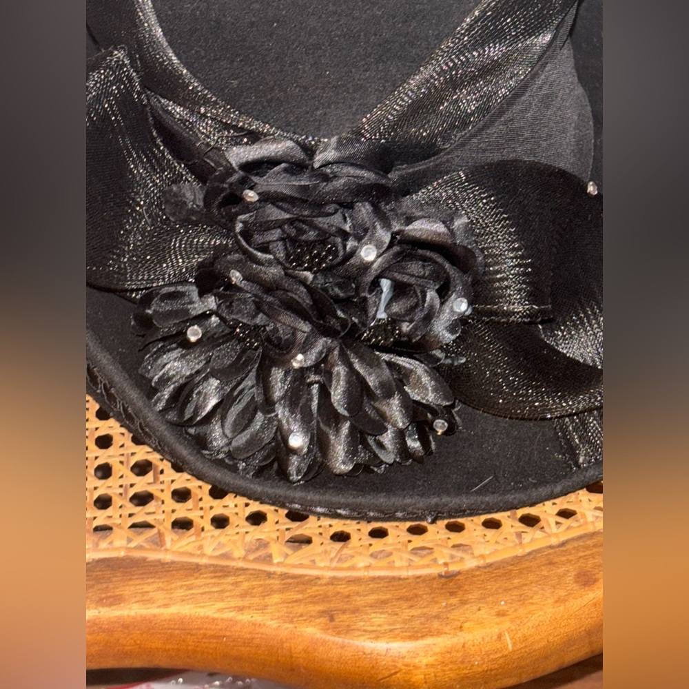Vintage 100 percent Wool Femme Noir Elegant Black Women's Hat with Floral Accent